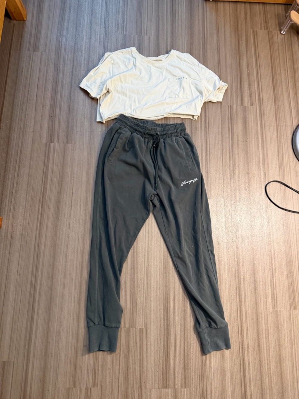 YoungLA Dark Gray Elastic Waist Joggers with white cropped YoungLA t-shirt